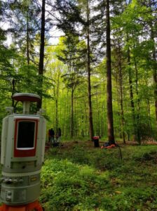 Terrestrial laser scanning in a green and beautiful forest environment. 