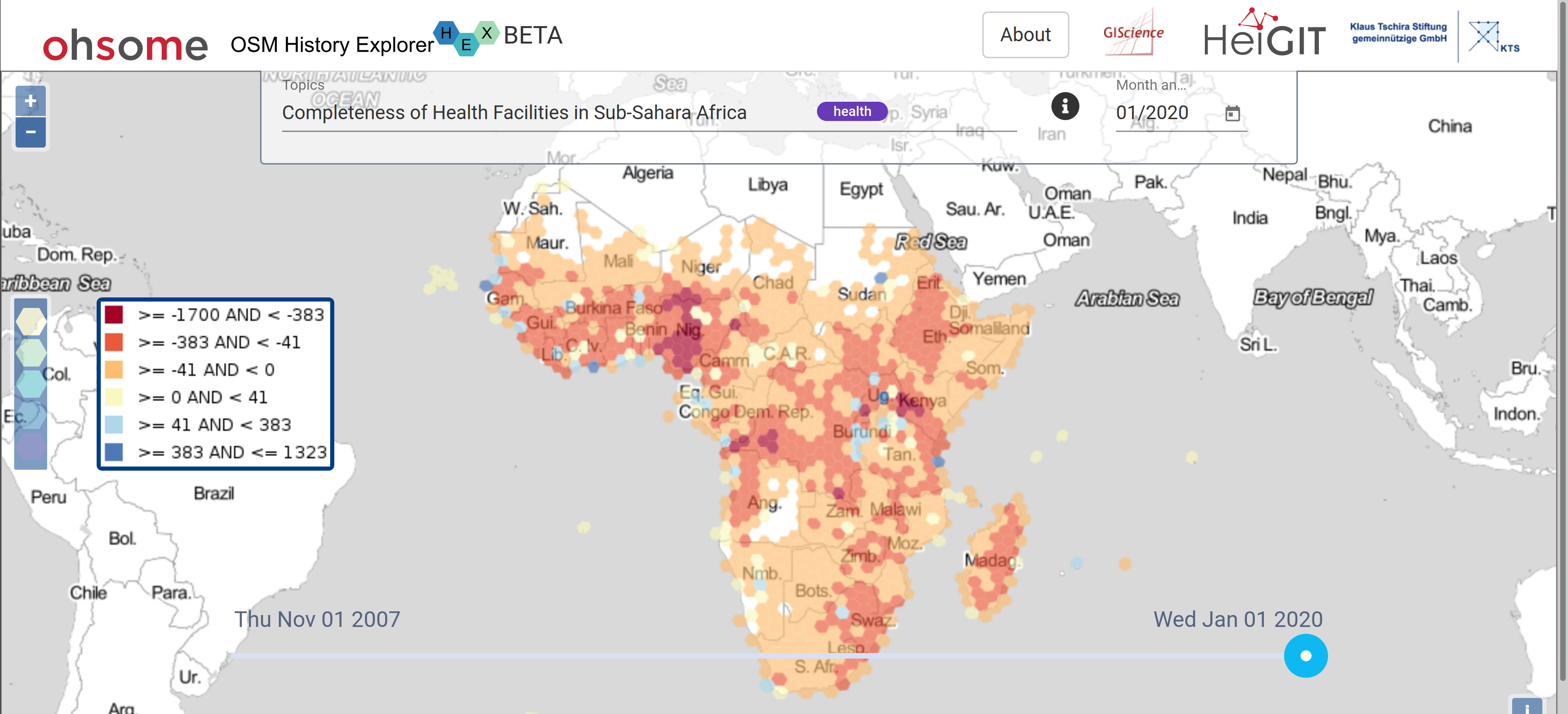 ohsomeHeX with Completeness layer on Health Facilities in Sub-Sahara Africa