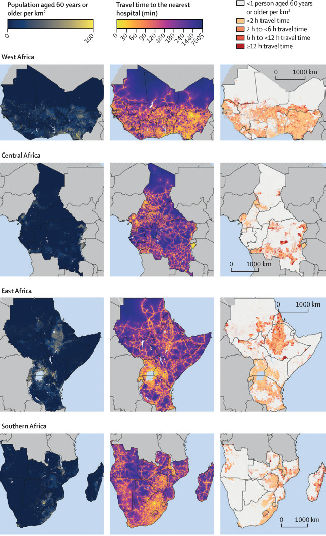 Maps showing population density and travel time to the nearest hospital for adults aged 60 years or  older, by sub-Saharan African region