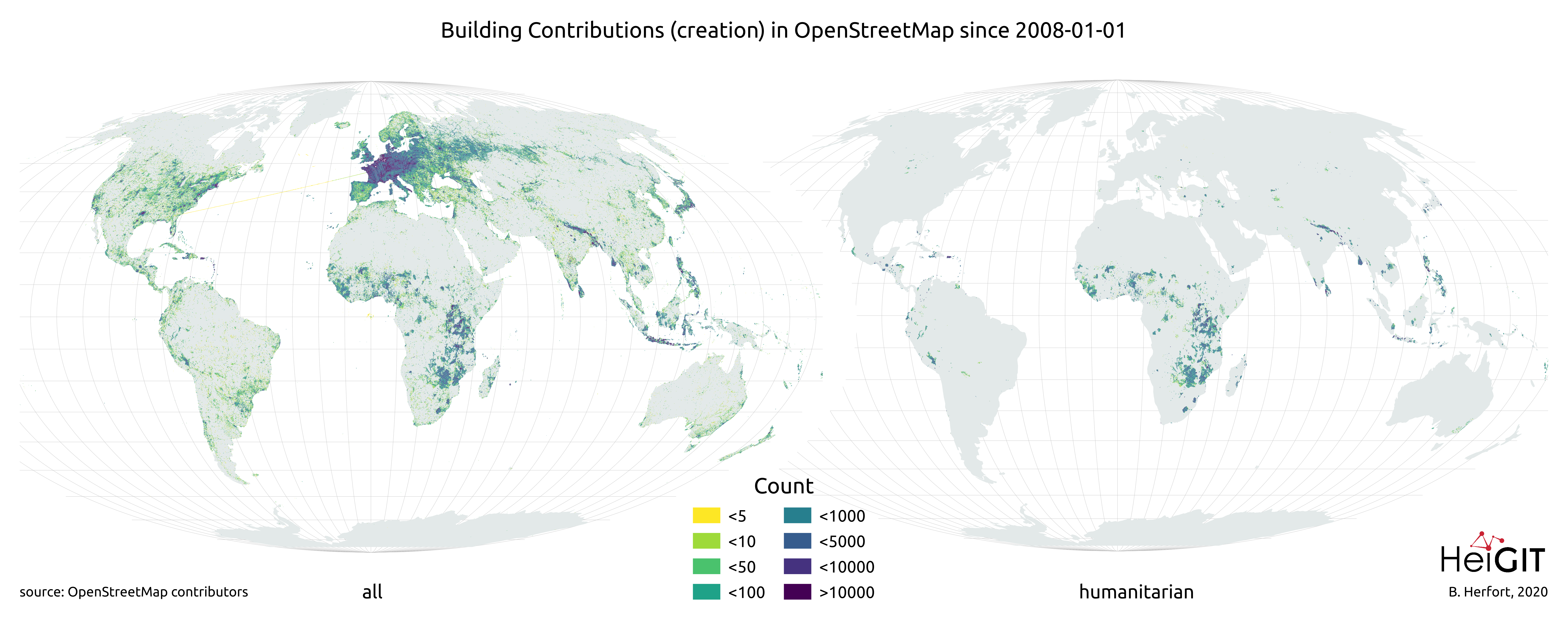 Map of Overall and Humanitarian Building Mapping in OSM since 2008