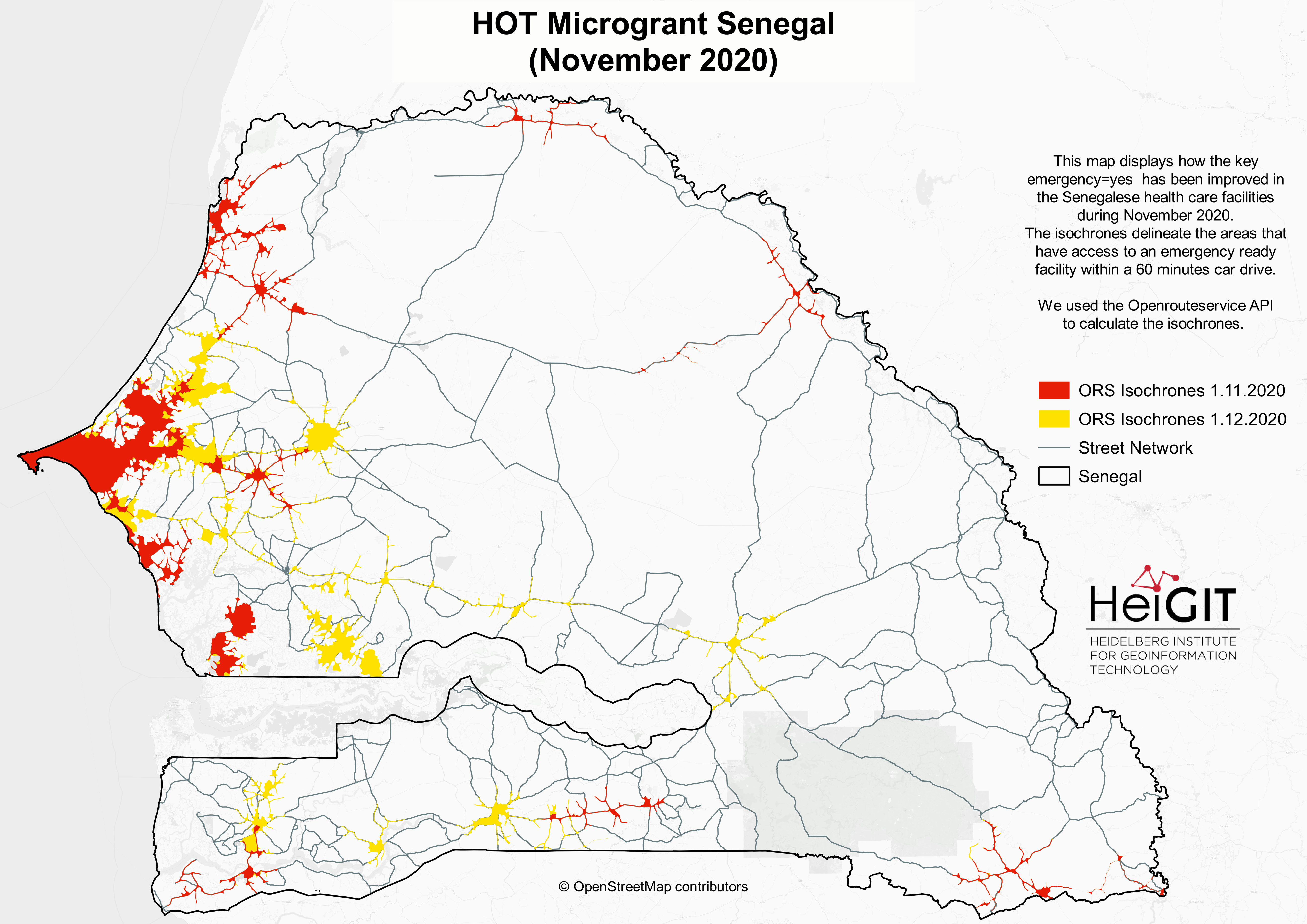 Accessibility map for health care facilities that bear an emergency tag in Senegal. Area covered by car access under 60 minutes are red for the state of November and yellow for the state of December 2020.